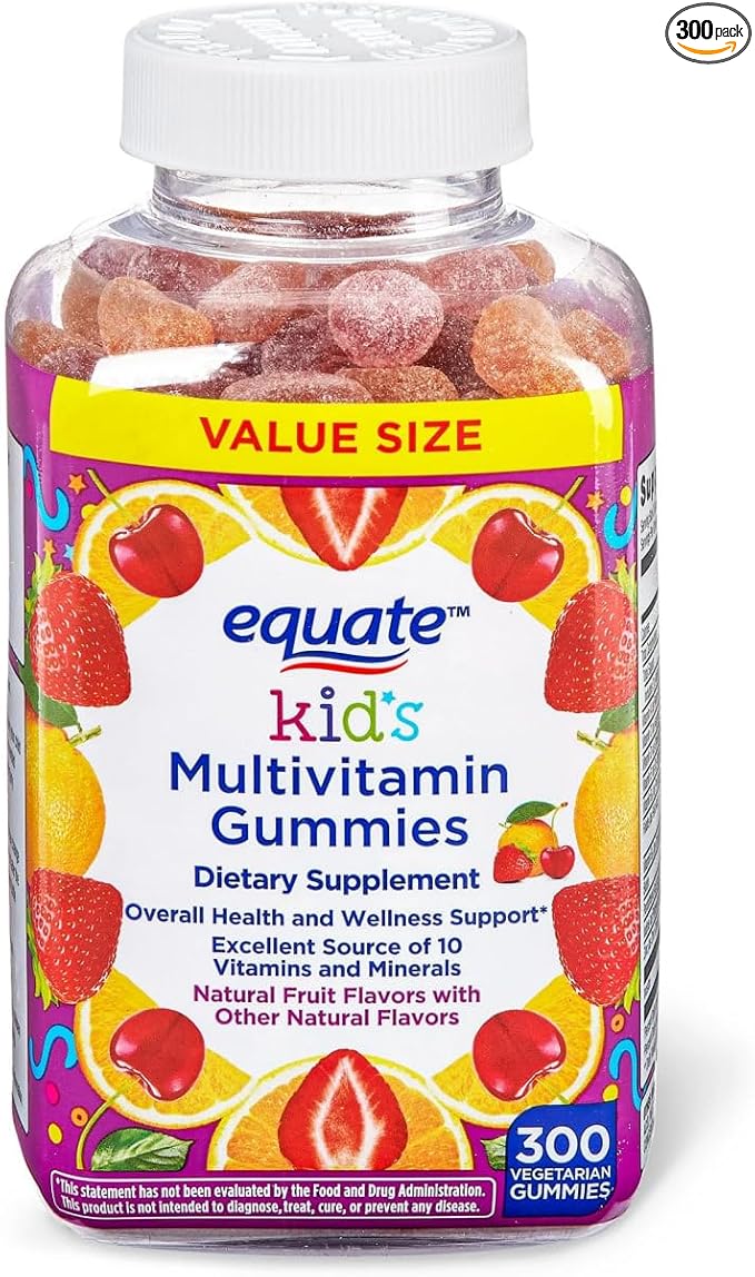 Equate Kids Multivitamin Gummies Complete Daily Multivitamin for Children 2+ Natural Fruit Flavor 300 Count Vegetarian Sticker