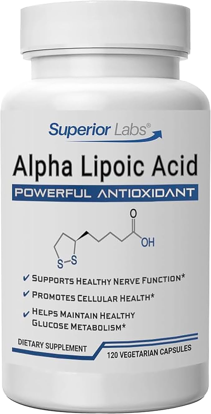 Superior Labs Alpha Lipoic Acid 600 mg Capsules Pure Non-GMO ALA High Absorption Nerve Support Healthy Circulation and Nerve Response Healthy Aging Antioxidant 120 Veg Caps 4-Month Supply