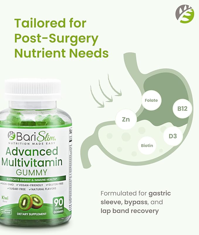 BariSlim Advanced Bariatric Multivitamin Gummies - Specially Formulated Bariatric Vitamins for Patients After Weight Loss Surgery - Supports Energy &amp Immune Health | Kiwi (90 Vegan Gummies)