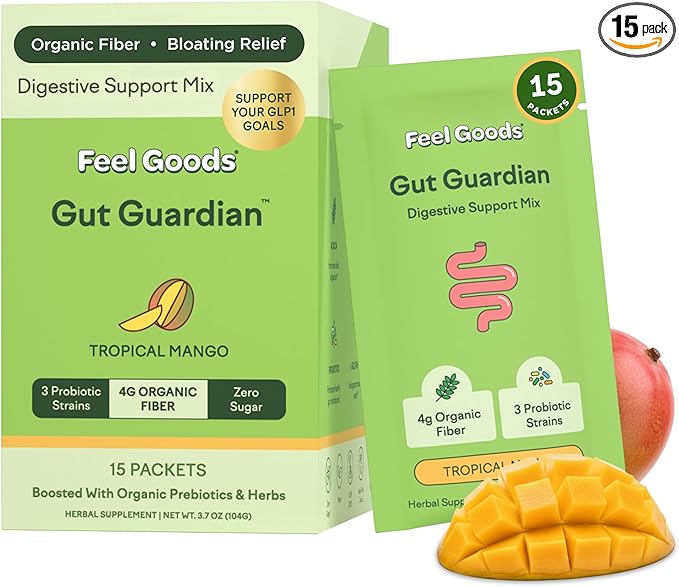Feel Goods Gut Guardian Gut Health Powder Packets - Probiotic Fiber Powder with Prebiotics &amp L Glutamine for Digestive Health Bloating Relief &amp Digestion Support - Zero Sugar &amp Organic F