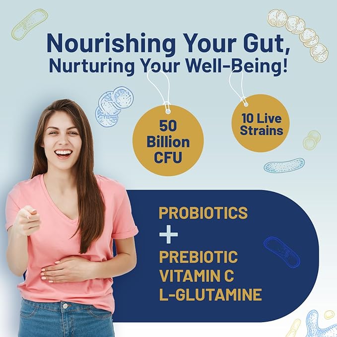Bio Cultures Complex Probiotics and Prebiotics - 50 Billion CFU - 10 Live Bacteria Strains – Added with Inulin L-Glutamine &amp Vitamin C - 60 Capsules | Advanced Probiotic for Women &amp Men by Pr