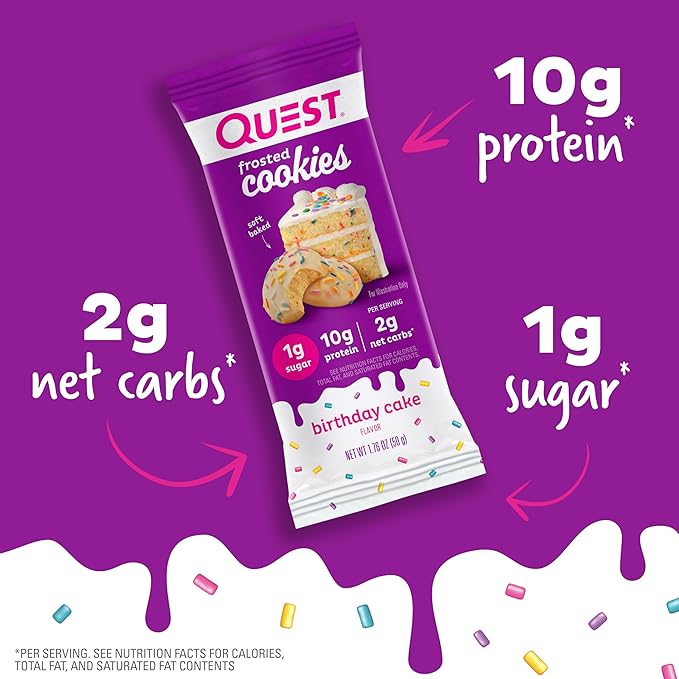 Quest Nutrition Crispy Chocolate Peanut Butter Hero Protein Bar 18g Protein 12 Count and Frosted Cookies Twin Pack Birthday Cake 1g Sugar 16 Cookies