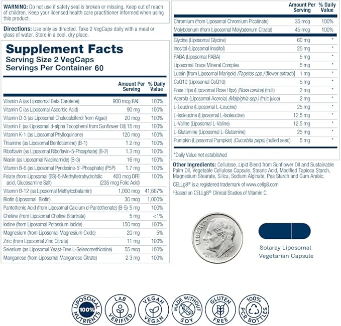 SOLARAY Liposomal Multivitamin for Men Enhanced Absorption Immune Energy &amp Bone Support Supplement Mens Daily Multi Vitamin BCAAs Vitamin D3 C B12 Zinc Vegan Soy Free 60 Serv 120 VegCa