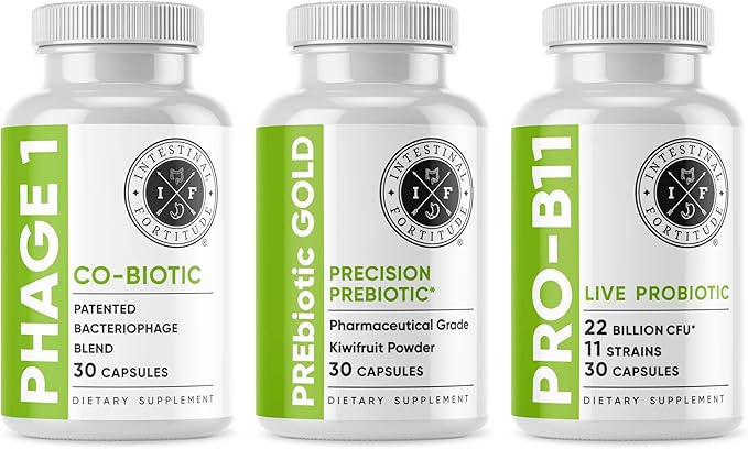Intestinal Fortitude Gut Health Supplement Bundle - PREbiotic Gold PRO-B11 Phage 1 - w/Gold Kiwifruit Pectin SCFAs and 22 Billion CFU for Microbiome Support Gluten Soy &amp Dairy-Free Capsules