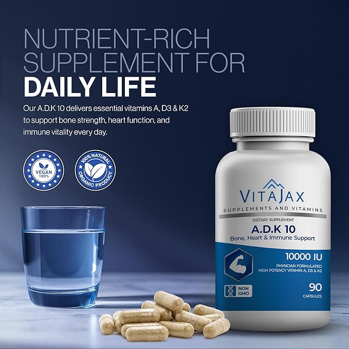 ADK 10 - Vitamin ADK Supplement 180 Capsules - High Potency Vitamin A D3(10000 IU) K2 as MK-7 for Bone Heart &amp Calcium Absorption – Non-GMO Gluten Free (6 Month Supply) 2 Pack