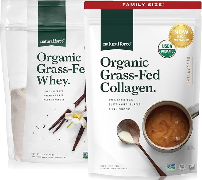 Natural Force Grass Fed Organic Whey Protein Powder Vanilla Flavor 16 oz Organic Clean Collagen Peptides Powder Unflavored 32oz
