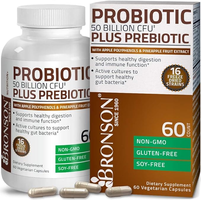 Bronson Probiotic 50 Billion CFU + Prebiotic with Apple Polyphenols &amp Pineapple Fruit Extract + Vitamin A 10000 IU Premium Non-GMO Formula