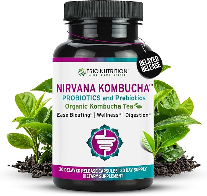 TRIO NUTRITION Nirvana Kombucha - Multi-Strain Probiotics &amp Prebiotic Blend with Organic Tea - Delayed-Release Capsules for Digestive &amp Immune Health - Bloating Relief - Natural pH Balance