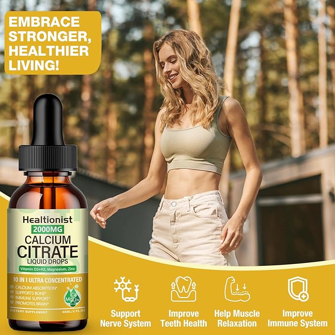2 Packs 2000mg Calcium Citrate with Vitamin D3 K2 Supplements Liquid Drops for Women &amp Men Magnesium Zinc High Absorption Bone Teeth Muscle &amp Immune Support 4 Fl oz
