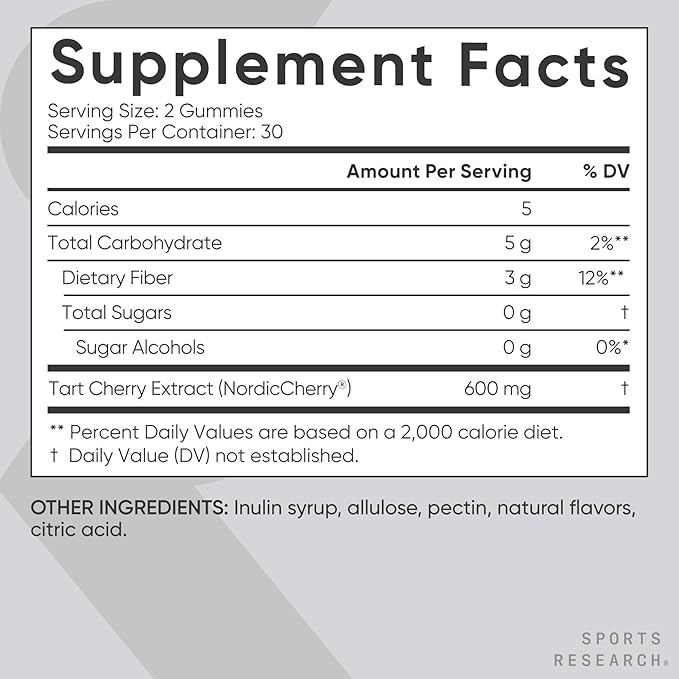 Sports Research® Tart Cherry Gummy Supplements | 600mg of NordicCherry™ | Enhanced Workout Recovery | Sugar and Sugar Alcohol Free - 60 Gummies for Adults 1 Month Supply