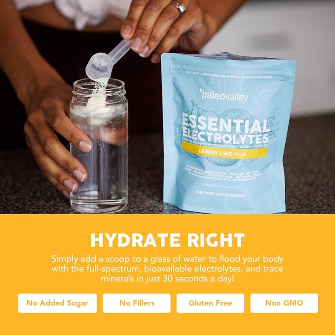 Paleovalley Essential Electrolytes Powder - Full Spectrum Lemon Lime Electrolyte Powder for Hydration Energy and Muscle Recovery - No Sugar Added - 30 Servings