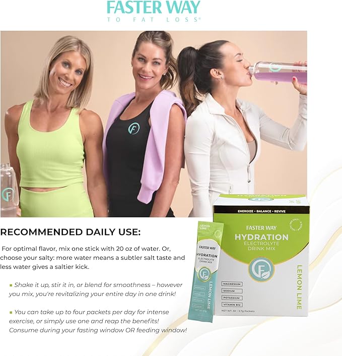 Faster Way - Hydration - Electrolyte Drink Mix - With Apple Cider Vinegar Choline Probiotics &amp Natural B Vitamins - Energize &amp Revive - Powder Packets - Zero Sugars -Gluten Free -Lemon Lime