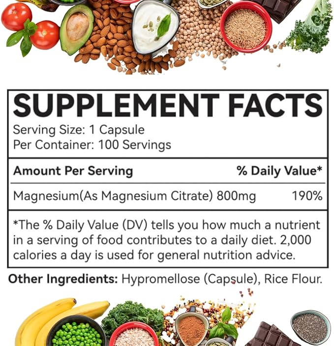 Magnesium Citrate Capsules- Dietary Supplement to Support Bone Health Muscle Function and Relaxation High Absorption Magnesium Supplement - GMO Soy and Gluten Free- 100 Count 800mg