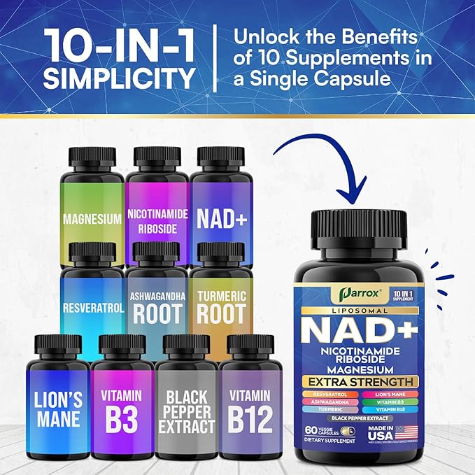 NAD+ Supplement with Liposomal NAD+ Nicotinamide Riboside Magnesium Vitamin B3 &amp B12 Resveratrol Turmeric Ashwagandha Lion’s Mane10-in-1 Extra Strength (2 Pack)