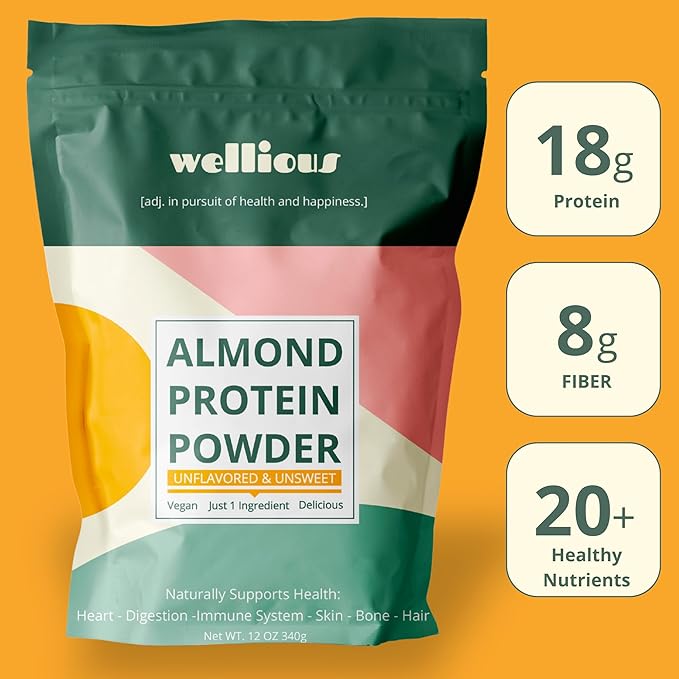 wellious Almond Protein Powder (Unflavored Unsweetened) - 18 Grams of Pure Healthiest Vegan Protein for Women &amp Men | Gluten-Free Soy-Free &amp Gut Friendly Protein Powder for Sports Nutrition