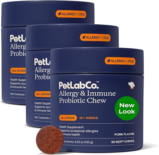 PetLab Co. Allergy &amp Immune Probiotics for Dogs Support Seasonal Allergies Gut &amp Digestive Health - Pork Flavor - 30 Soft Chews - Pack of 3