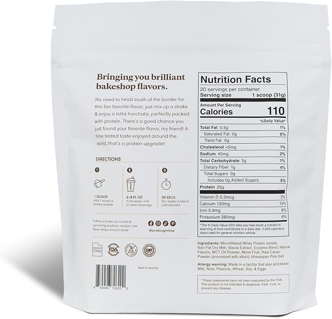 ProDough Gourmet Whey Isolate Hydrolized Protein Powder for Shake Mix- Easy Digest Enzyme Blend 25g Protein per Serving Natural Ingredients Gluten Free Keto Friendly (Horchata)
