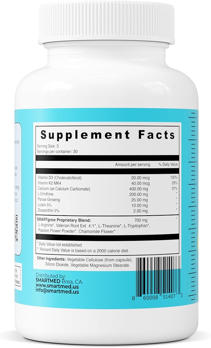 SMARTGROW Height Growth Supplement – Calcium Vitamin D3 L-Arginine – 5-in-1 Formula for Kids Teens Adults – Sleep Support Bone Strength Immunity Brain &amp Eye Health – 3 Month Supply