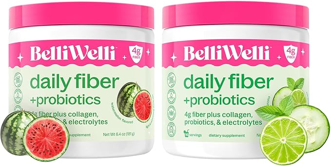Belli Welli Daily Fiber Supplement Bundle - Cucumber Lime Mint &amp Watermelon - with Collagen Probiotics &amp Electrolytes - Refreshing Wellness Flavors 32 Total Servings