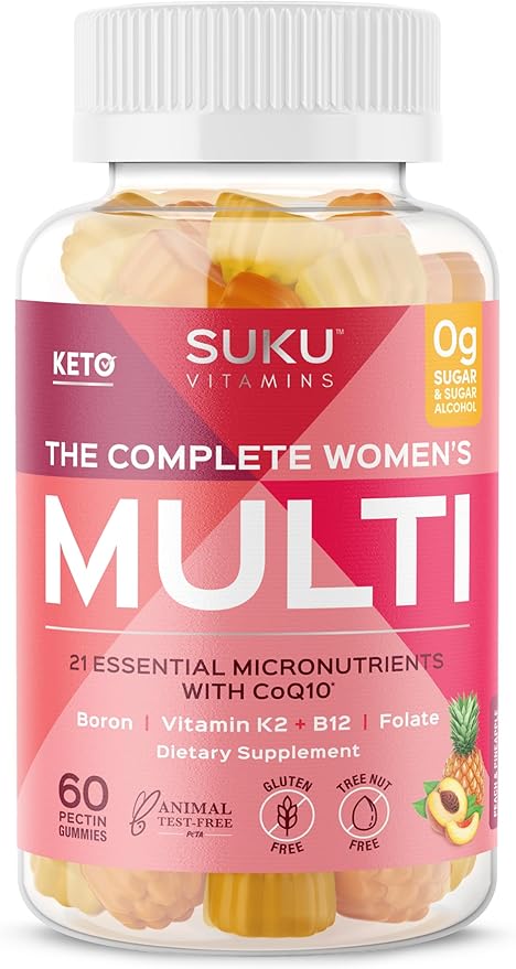 SUKU Vitamins - Complete Women's Multi - with Boron Vitamin K2 B12 A and More for Women Health - Easy to Chew - Non GMO Gluten Sugar Free - Pineapple &amp Peach Flavored Gummy Vitamins 60 Count