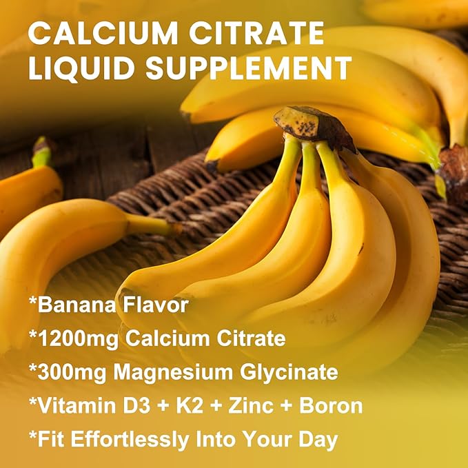 Calcium Citrate 1200mg Liquid Supplement with Vitamin D3 for Women &amp Men - Calcium Magnesium Zinc D3 K2 Supplement for Bone Teeth Immune Support - Sugar Free Vegan Banana Flavor - 1 Fl Oz (2 P