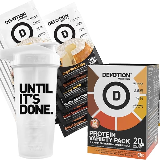 Devotion Nutrition Protein Powder Packets: Variety Pack with Shaker Bottle - 6 Flavors 12 Single Serve Packets - 20g Protein No Added Sugar Gluten-Free