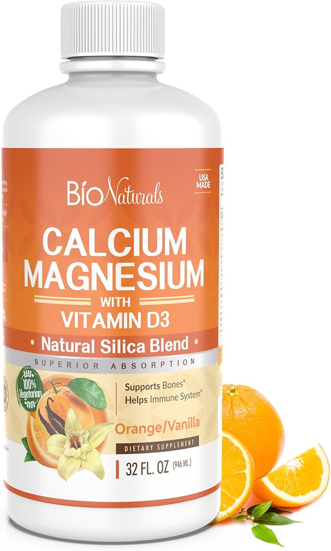 Bio Naturals Calcium &amp Magnesium Liquid Supplement with Vitamin D3 - Natural Formula FOUR Types of Calcium Supports Strong Bones with Superior Absorption to Pills - 100% Vegetarian - 32 fl oz