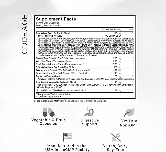 Codeage Raw Women’s Probiotic+ Supplement - 34 Probiotic Strains 100 Billion CFUs Digestive Enzymes Prebiotic Blend DIM Herbal Extracts Phytonutrients - Non-GMO - 30 Capsules