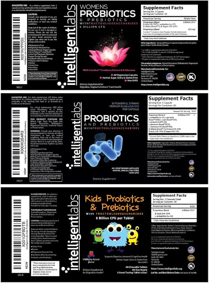 Intelligent Labs 3-in-1 Probiotics with Prebiotics Bundle for The Whole Family: Kids + Adult 50 Billion CFU + Women’s Probiotics No Refrigeration Needed 2 Months Supply Per Bottle