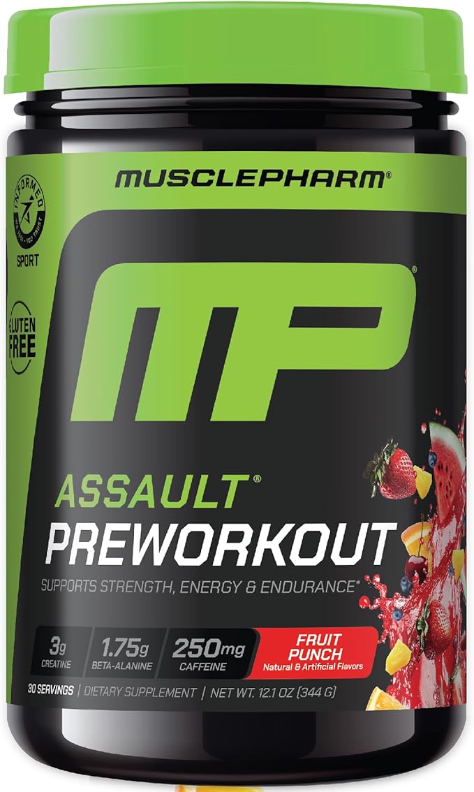 Muscle Pharm Combat 4lb Chocolate Protein and MusclePharm Assualt Fruit Punch Preworkout
