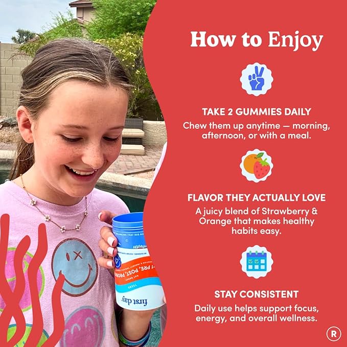 FIRST DAY Teens’ Gut Sustainer Tribiotic Gummies – 3-in-1 Prebiotic Probiotic &amp Postbiotic Supplement – Supports Digestive Skin Oral &amp Immune Health Nutrient Absorption &amp Growth – 30-D