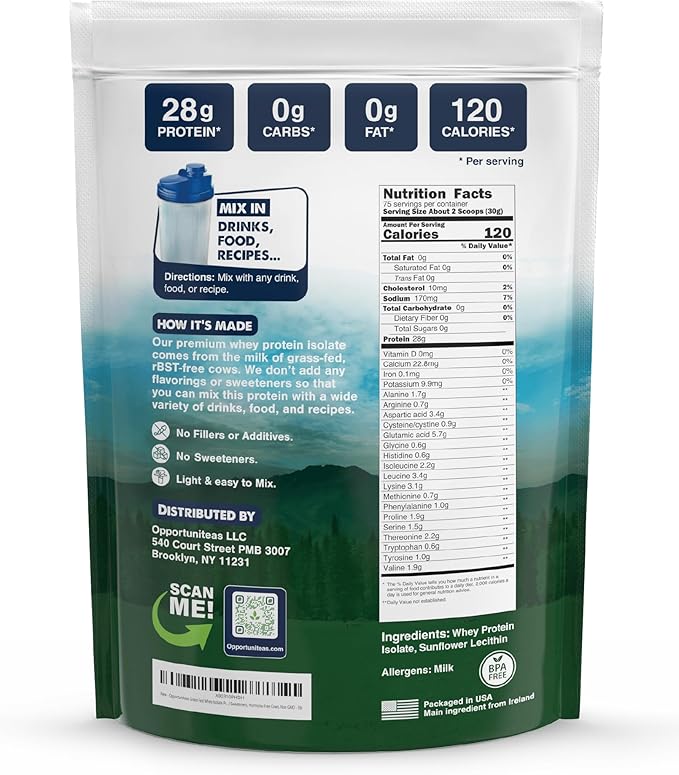 Opportuniteas Grass Fed Whey Isolate Protein Powder – Unflavored Heavy-Metal Tested 28g Protein Sourced from Ireland Hormone-Free Non-GMO Packaged in USA – 5lb