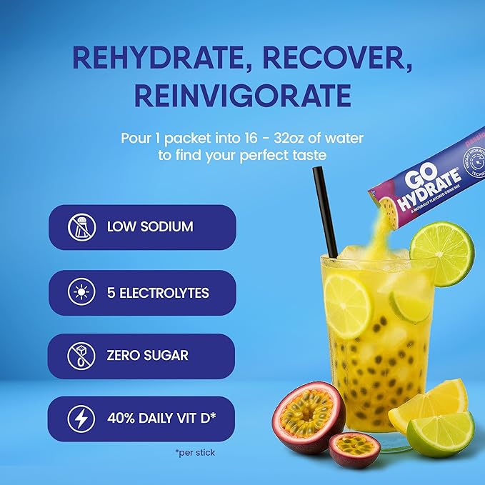 GoHydrate Low Sodium Electrolytes Powder Packets Sugar Free - Instant Hydration Daily Drink Mix - Zero Sugar Water Flavor Packet Singles with Vitamin D - (Passion Fruit 30 Packs)