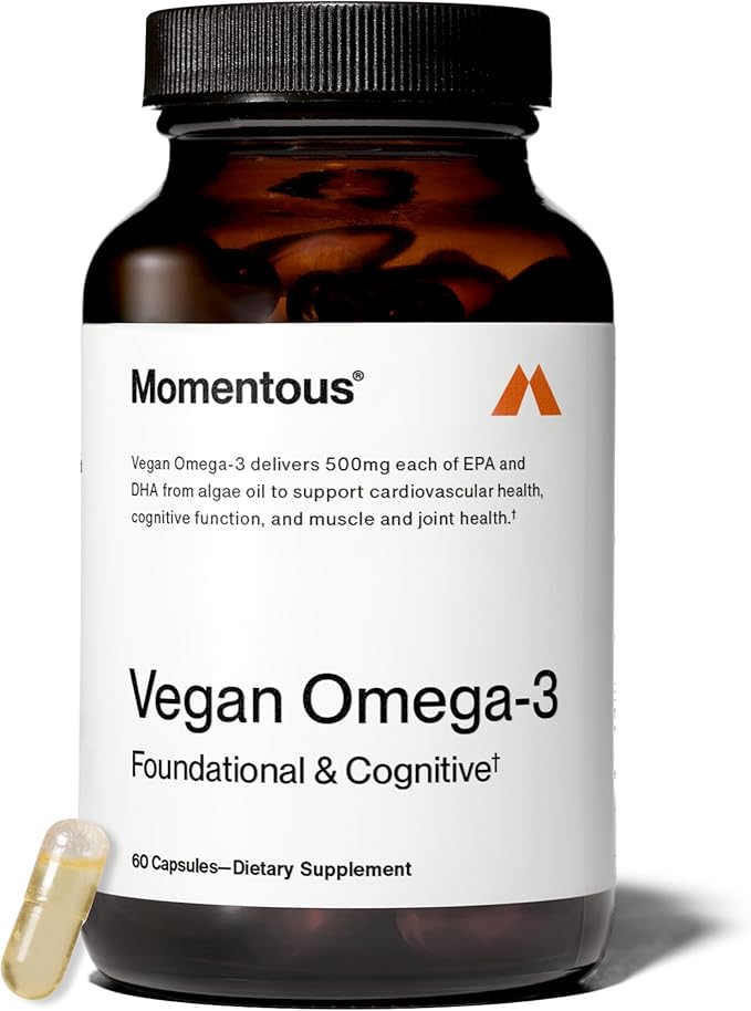 Momentous Vegan Omega-3 - Plant-Based EPA &amp DHA Supplement for Men &amp Women - Sourced from Algae Oil - Supports Heart Joint &amp Brain Health - NSF Certified for Sport - 1000 mg - 30 Servin