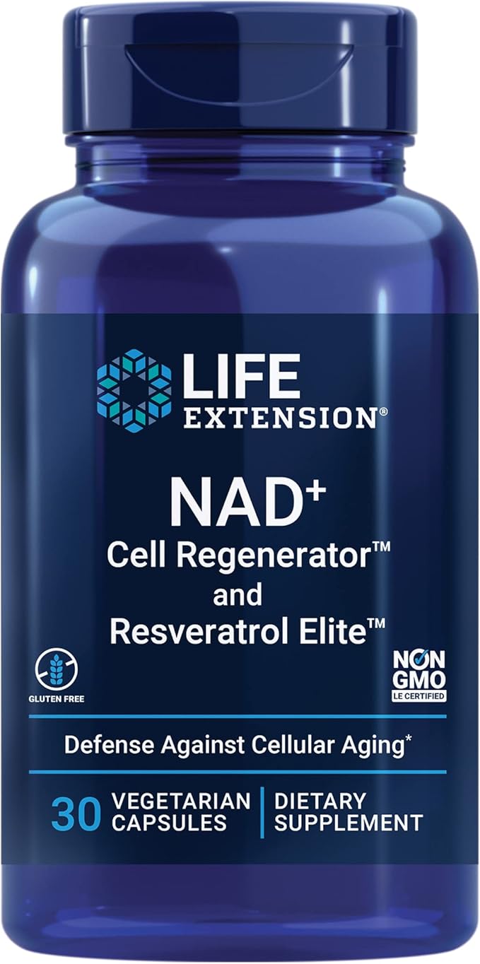 Life Extension NAD+ Cell Regenerator Resveratrol Elite Senolytic Activator with Quercetin Fisetin Theaflavins for Cellular Health 30 and 36 Vegetarian Capsules
