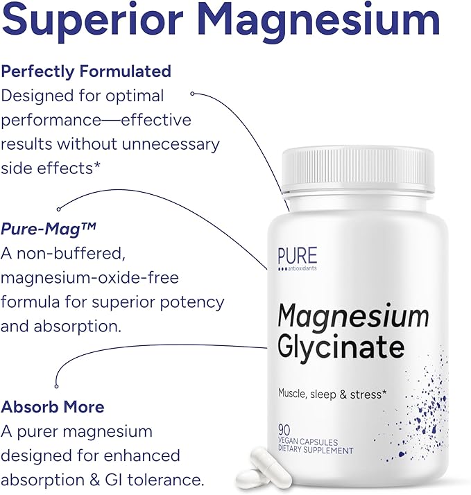 100% Pure Magnesium Glycinate | Fully Reacted Magnesium Bisglycinate Buffered-Free | Muscle Relaxation &amp Sleep Support – Well Tolerated (Vegan Non-GMO) 90 Capsules | Made in the USA