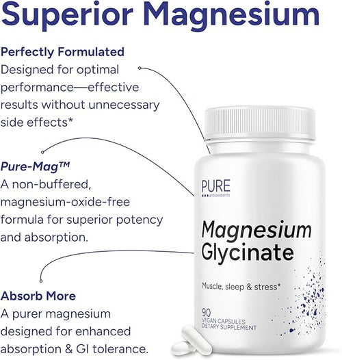 100% Pure Magnesium Glycinate | Fully Reacted Magnesium Bisglycinate Buffered-Free | Muscle Relaxation &amp Sleep Support – Well Tolerated (Vegan Non-GMO) 90 Capsules | Made in the USA