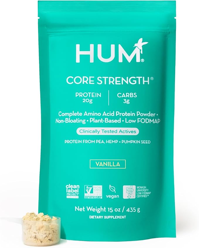 HUM Core Strength Vanilla Vegan Protein Powder Gluten Free Plant Based 20g Protein per Serving Amino Acids Pea Hemp &amp Pumpkin Seed Proteins Low Fodmap Gut-Friendly Easy to Digest 15 Servi