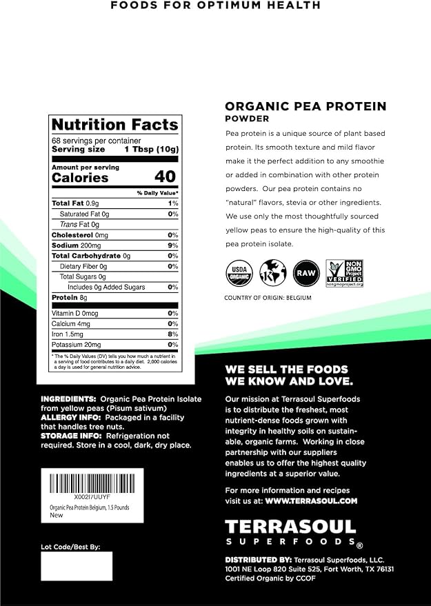 Terrasoul Superfoods Organic Pea Protein 1.5 Lbs - European Sourced | Unflavored | Smooth Texture