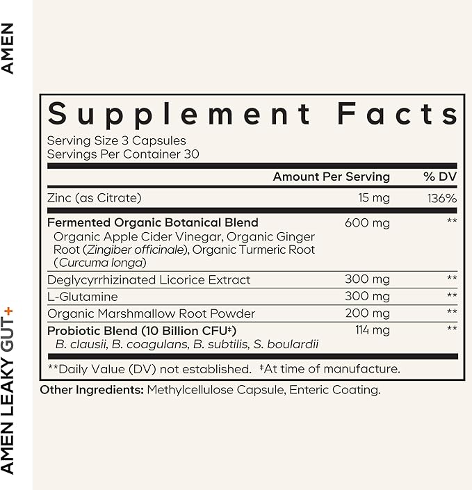 Amen Leaky Gut Supplement - Advanced Formula with Bioavailable L Glutamine Zinc Turmeric DGL Licorice Root - Marshmallow Root - Probiotics &amp Fermented Prebiotics - Vegan Non-GMO - 90 Capsules