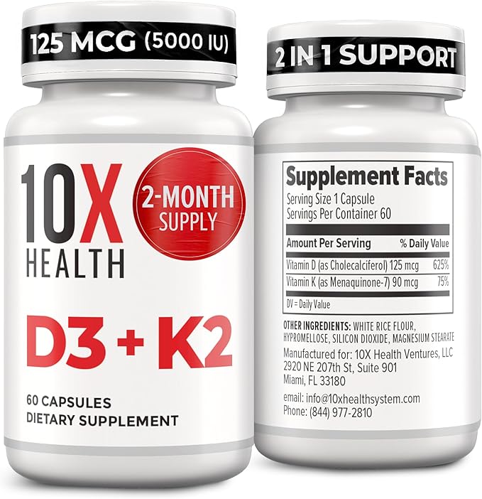 10X Health Vitamin D3 5000 IU &amp K2 MK7 - Menaquinone 7 High-Potency D3 K2 Vitamin Supplement for Bone Health Heart and Teeth - 125 mcg Vitamin D &amp 90 mcg Vitamin K2-60 Capsules