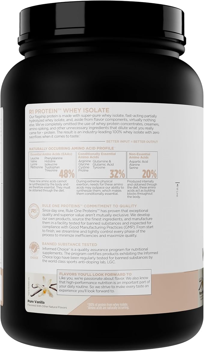 Rule 1 Naturally Flavored R1 Protein Whey Isolate - Clean Formula with 25g Protein &amp 6g BCAA Exclusively Isolated &amp Hydrolyzed Sources for Workout Recovery (1.7 Pounds* Pure Vanilla)