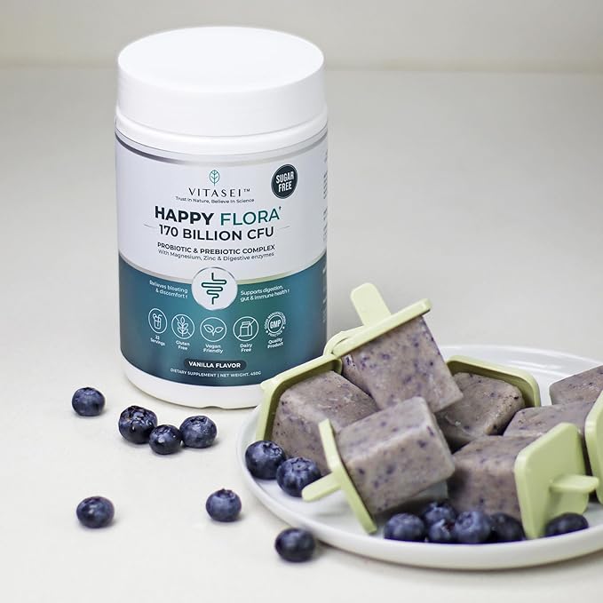 VITASEI Happy Flora Probiotic &amp Prebiotic Complex with Magnesium and Zinc - 16 oz