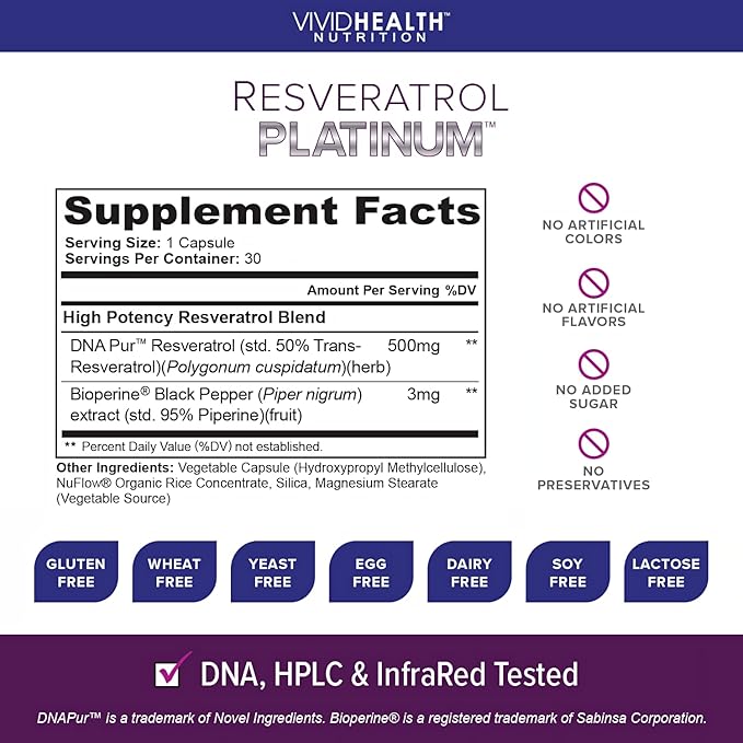 Resveratrol Platinum (3 Bottles) Anti Aging Supplement 500mg | Premium High Potency Formulation | 30 Capsules Per Bottle