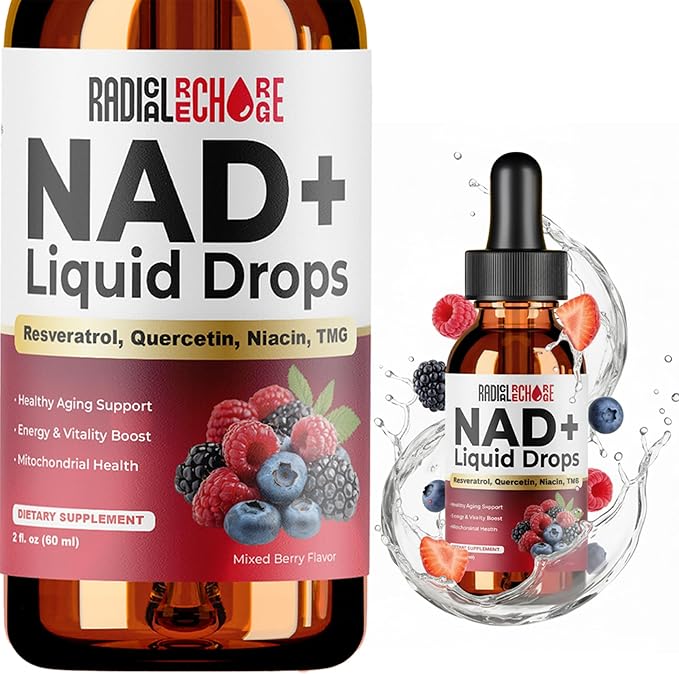 NAD+ Liquid Drops – with Resveratrol Quercetin Niacin &amp TMG – 10-in-1 Nutrient Support Formula for Cellular Energy &amp Wellness – Mixed Berry Flavor – 2 fl oz
