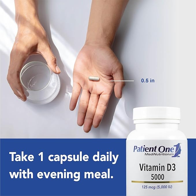 Patient One Vitamin D3 5000 IU | Supplement to Support Immune Heart and Bone Health* | Absorbable Cholecalciferol Form | 120 Capsules | 2 Pack