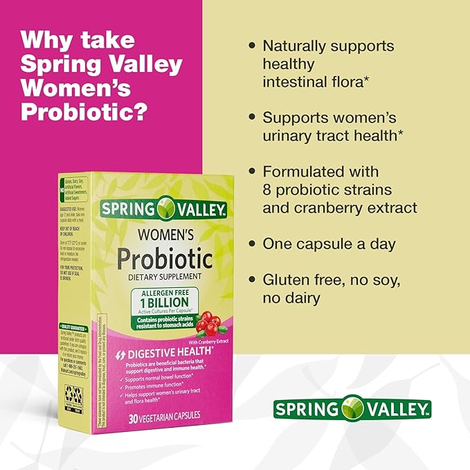Probiotics for Women Capsules Dietary Supplement 1 Billion CFUs - Digestive Health by Spring Valley 30 Capsules (Pack of 1) - Set by Basket Goods