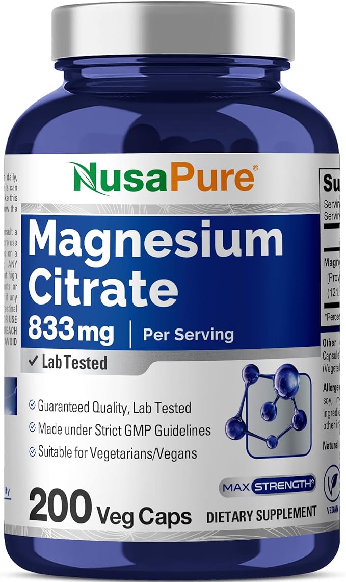 NusaPure Magnesium Citrate 833mg - 200 Veggie Capsules (Vegetarian Non-GMO Vegan)