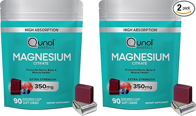 Qunol Magnesium Citrate Soft Chews 350mg Extra Strength Magnesium Supplement High Absorption to Support Nerve Bone and Muscle Health 90 Count (Pack of 2)