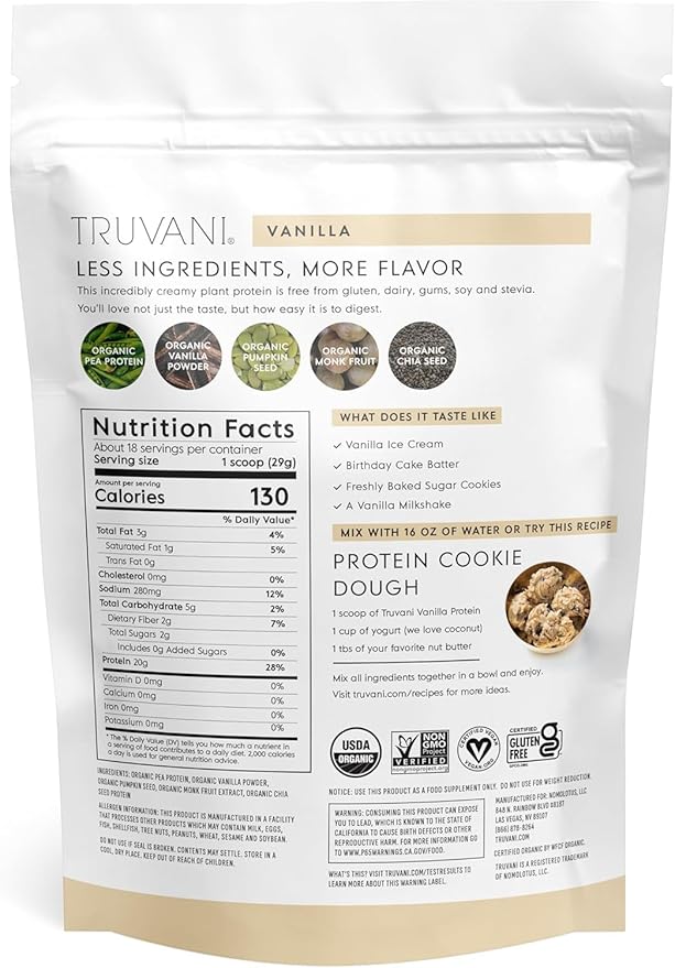 Truvani Organic Plant Based Protein Powder | Vanilla | 20g Pea Protein | 18 Servings | Vegan &amp Keto | Gluten &amp Dairy Free | Low Carb | No Added Sugar